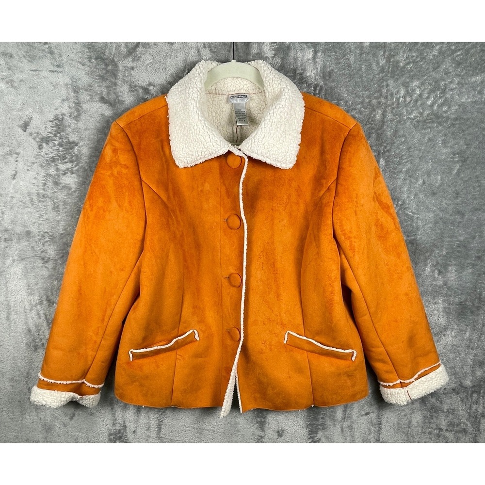 Chico's Faux Suede Sherpa Jacket Womens 2 Large Orange Very Good Button Front